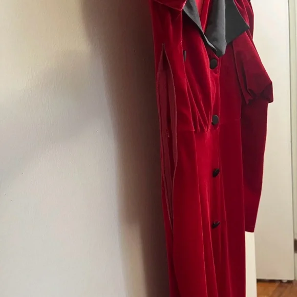 SHEIN Modely Puff Long Sleeve Velour Midi Red Dress w/Satiny Black Collar, Sz XL - Picture 4 of 15